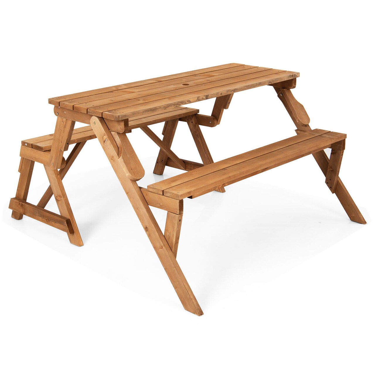 Wooden 2-in-1 Picnic Table Bench with Umbrella Hole, Convertible Design